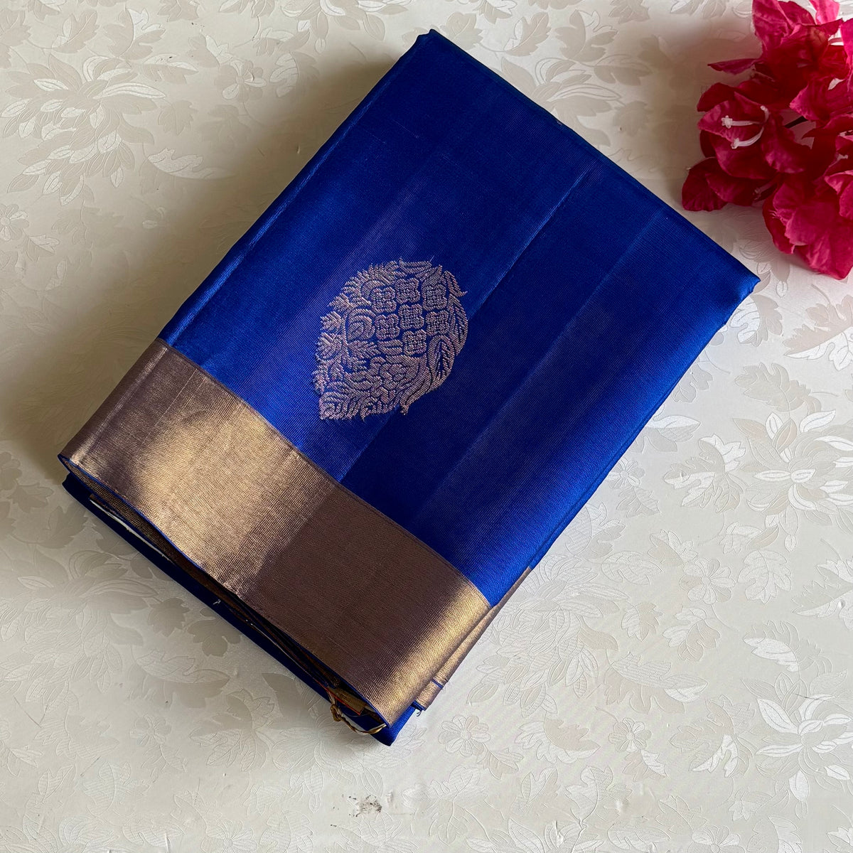Royal Blue Designer Pure Silk Saree Champagne Beige Pallu Gold Border