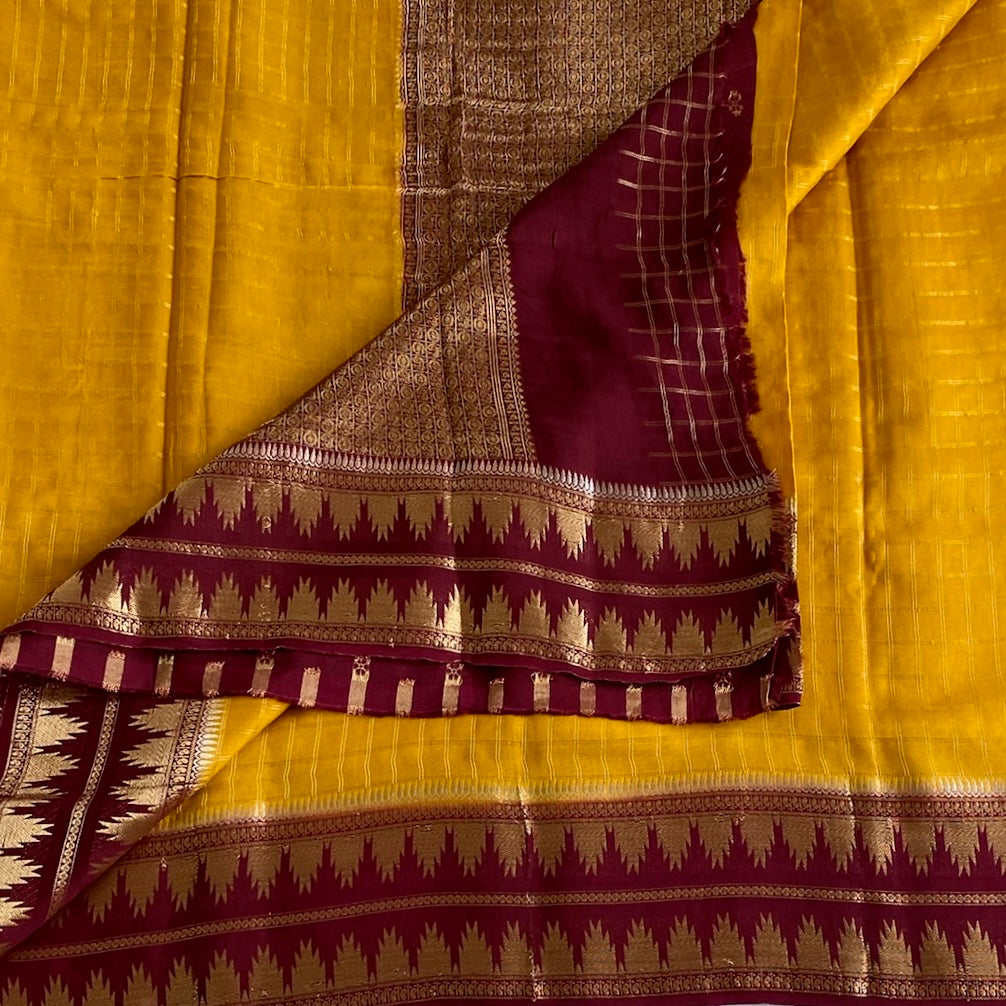 Mustard Yellow Soft Tussar Silk Saree With Deep Maroon Pallu