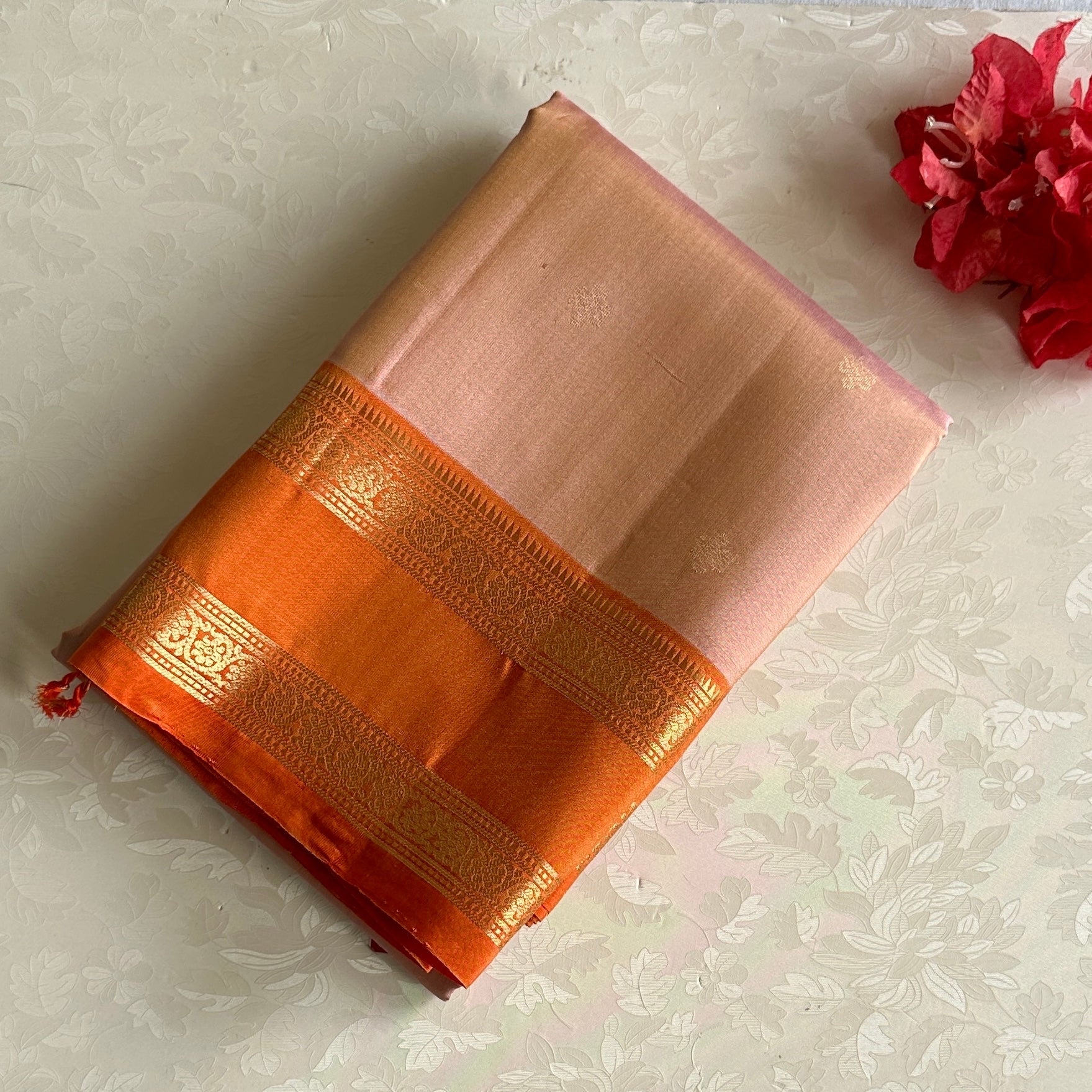 Blush Beige Peach Designer Pure Silk With Tangerine Orange Pallu