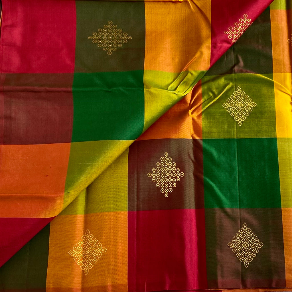 Designer Kollam Multi-Checkered Kanjeevaram Pure Zari Silk With Deep Maroon Pallu
