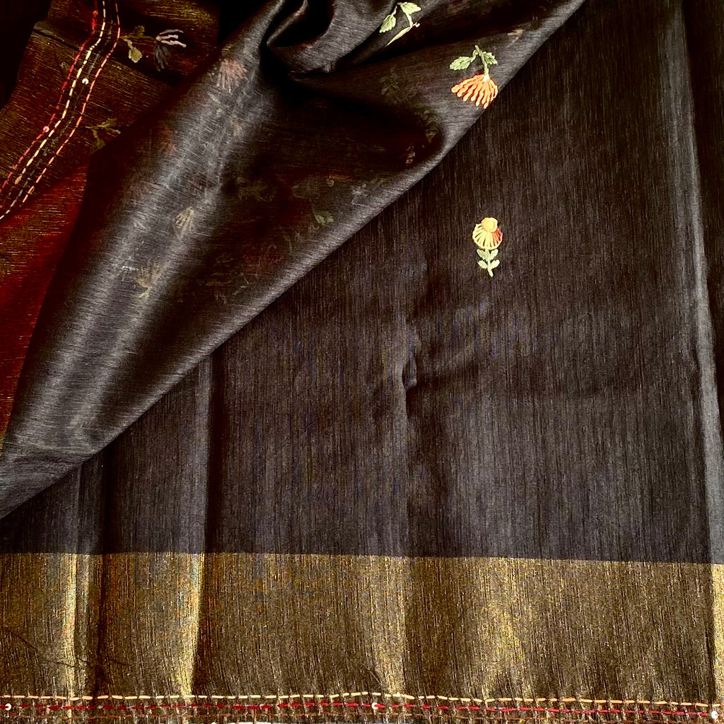 Charcoal Black Soft Tussar Silk Saree With Crimson Red Embroidery