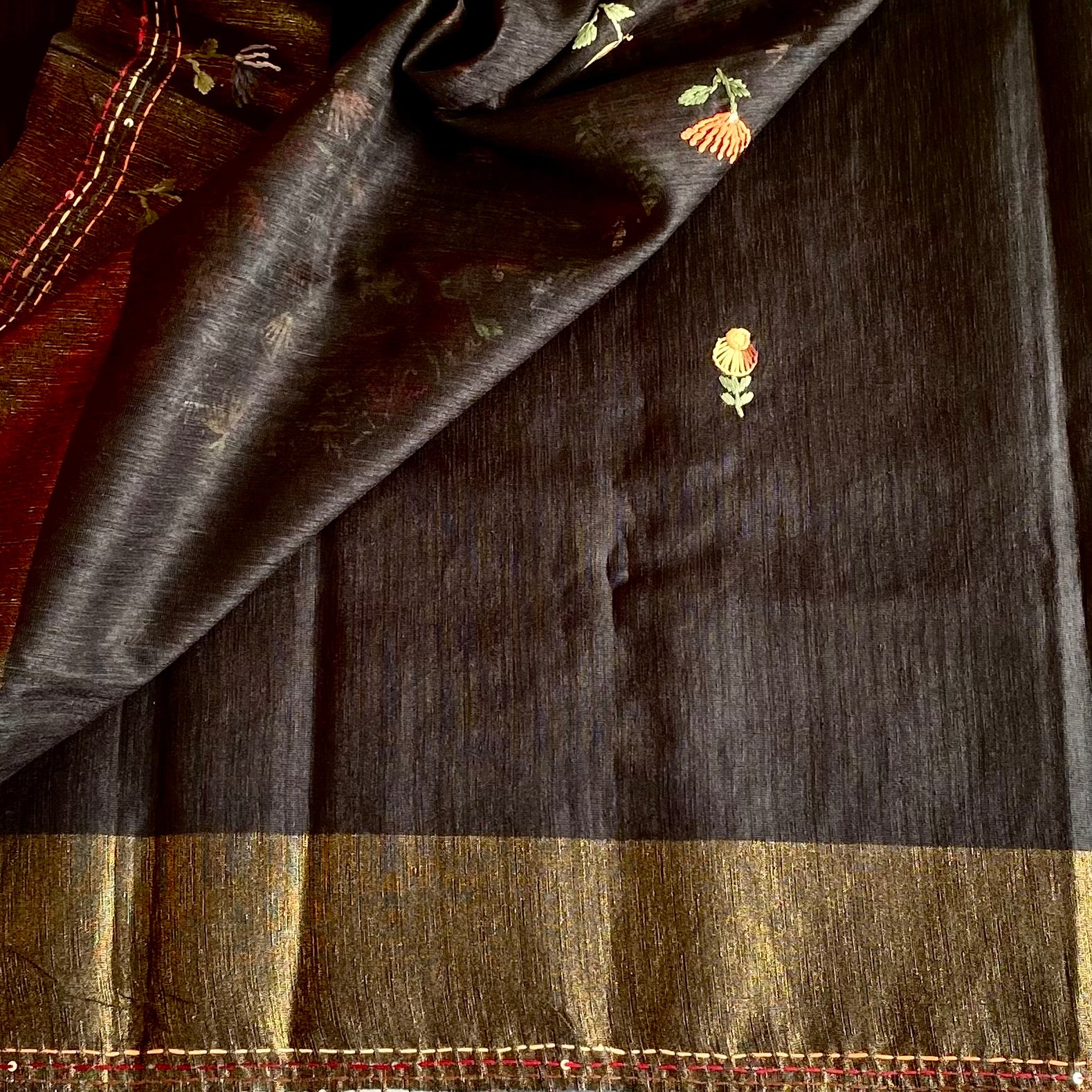 Charcoal Black Soft Tussar Silk Saree With Crimson Red Embroidery
