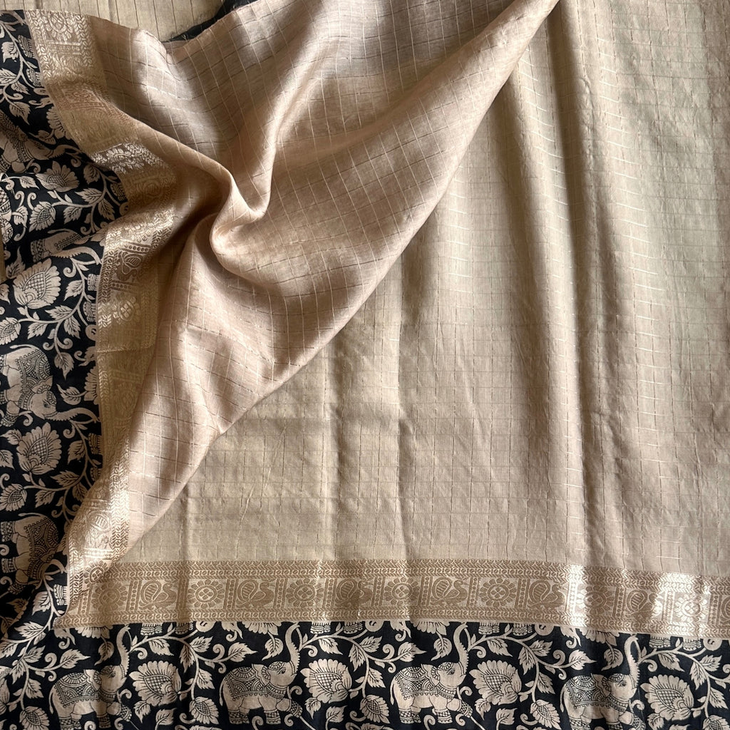 Champagne Beige Softest tussar with kalamkari borders