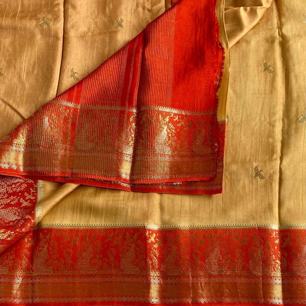 Yuma Antique Gold Soft Tussar Silk Saree With Vermilion Red Pallu