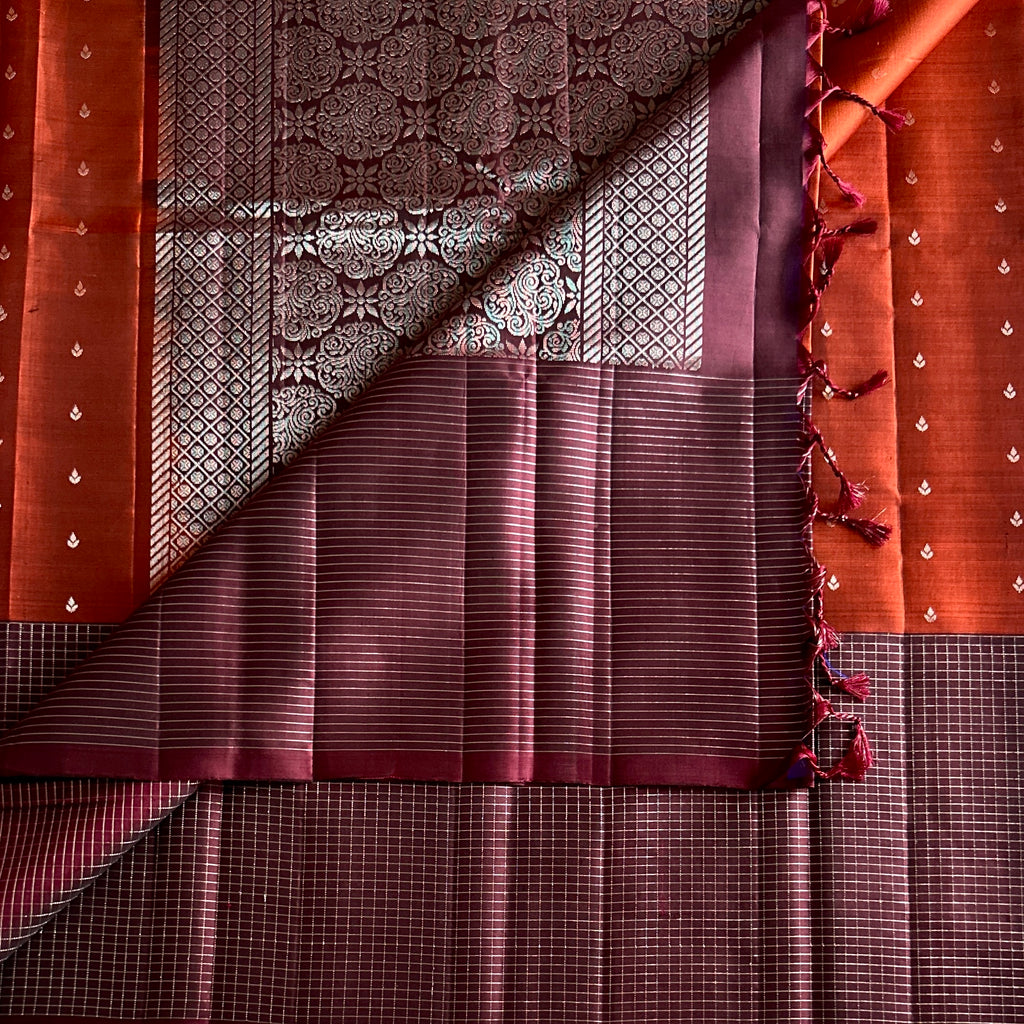 Burnt Orange Maroon Woven Saree Gold Buti Brocade Pallu Tassels