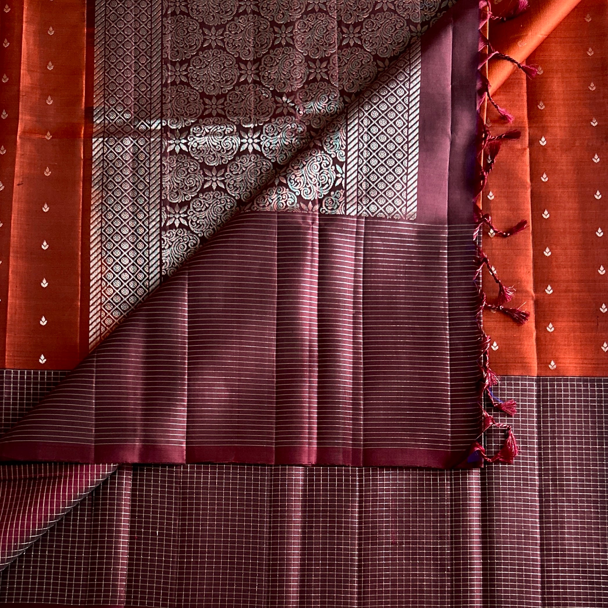 Burnt Orange Maroon Woven Saree Gold Buti Brocade Pallu Tassels
