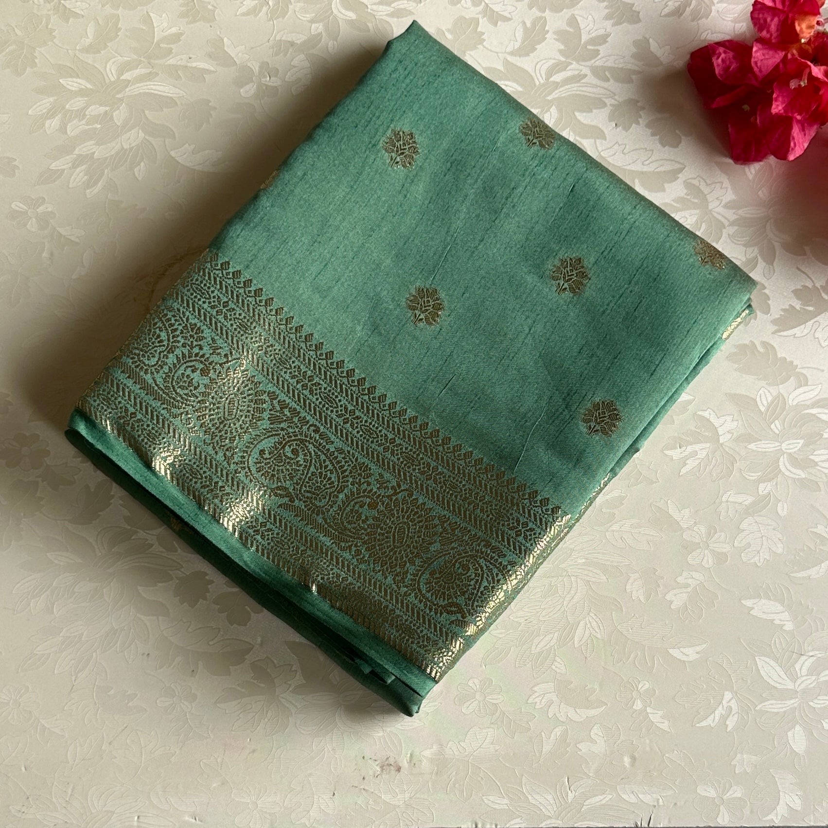 Teal Green Zari Buti Saree With Paisley Border And Stripes