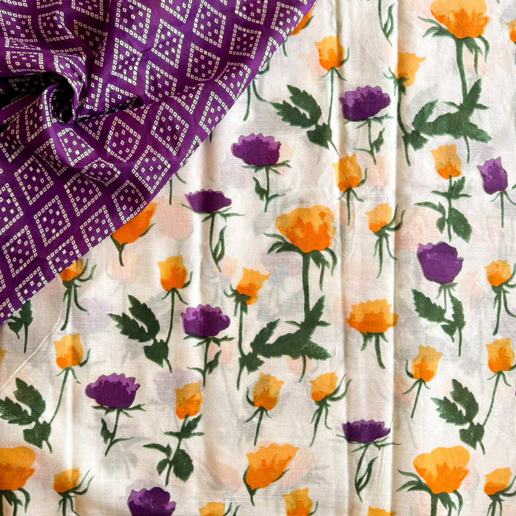 Pale Grey Floral Cotton Saree Mustard Purple Diamond Pallu Lightweight