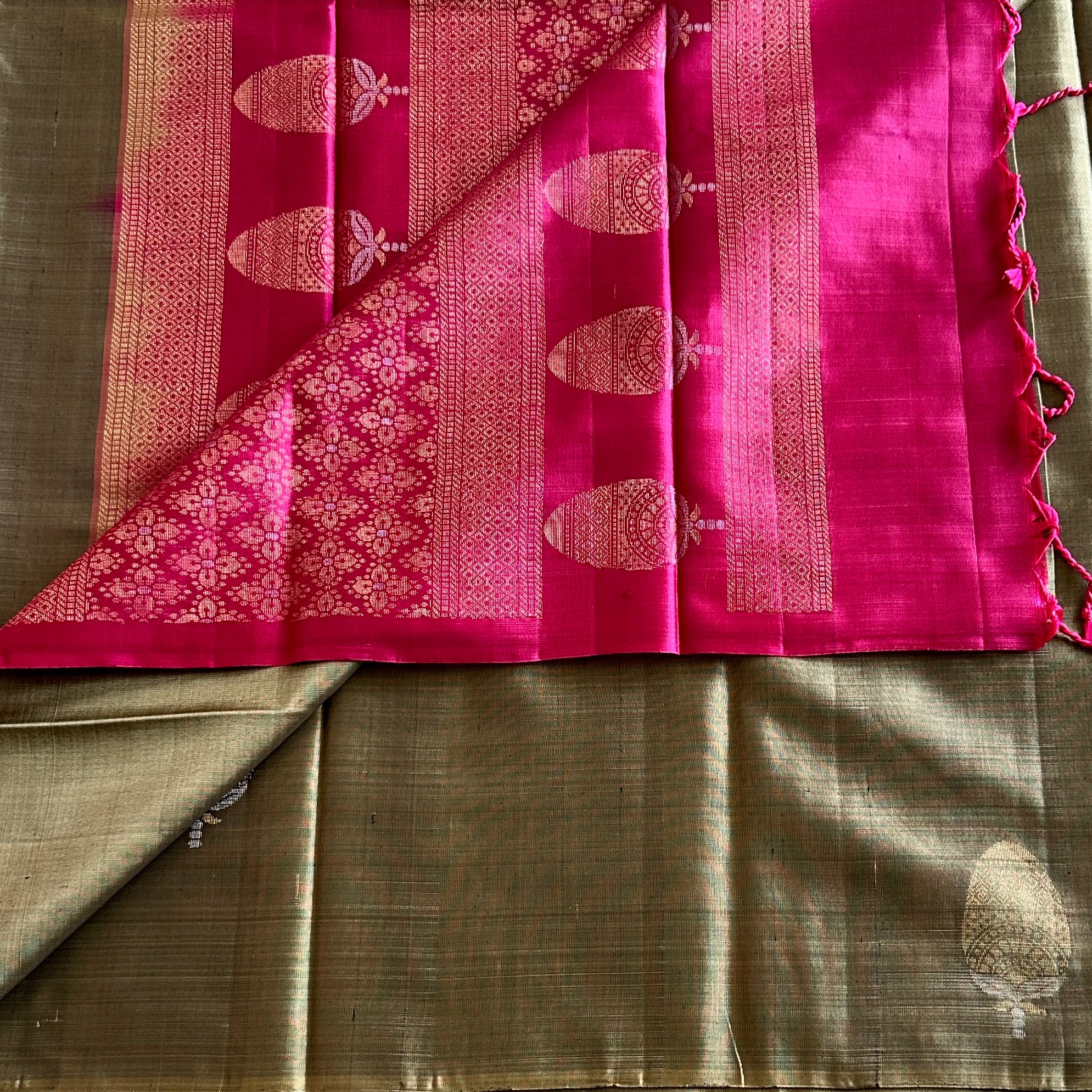 Greyish Sage Fuchsia Olive Silk Saree Antique Gold Brocade Festive Traditional Wear