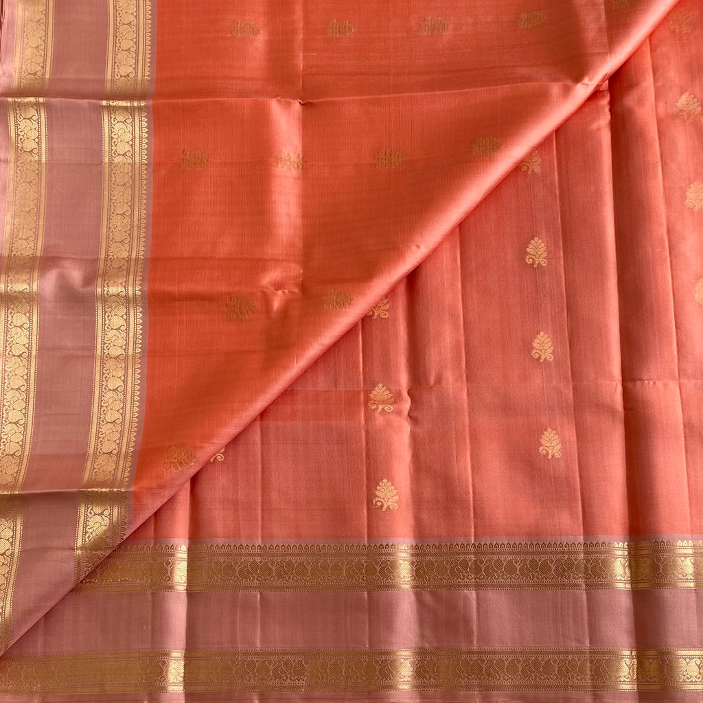 Peach Coral Designer Pure Silk With Dusty Rose Retta Petta Borders