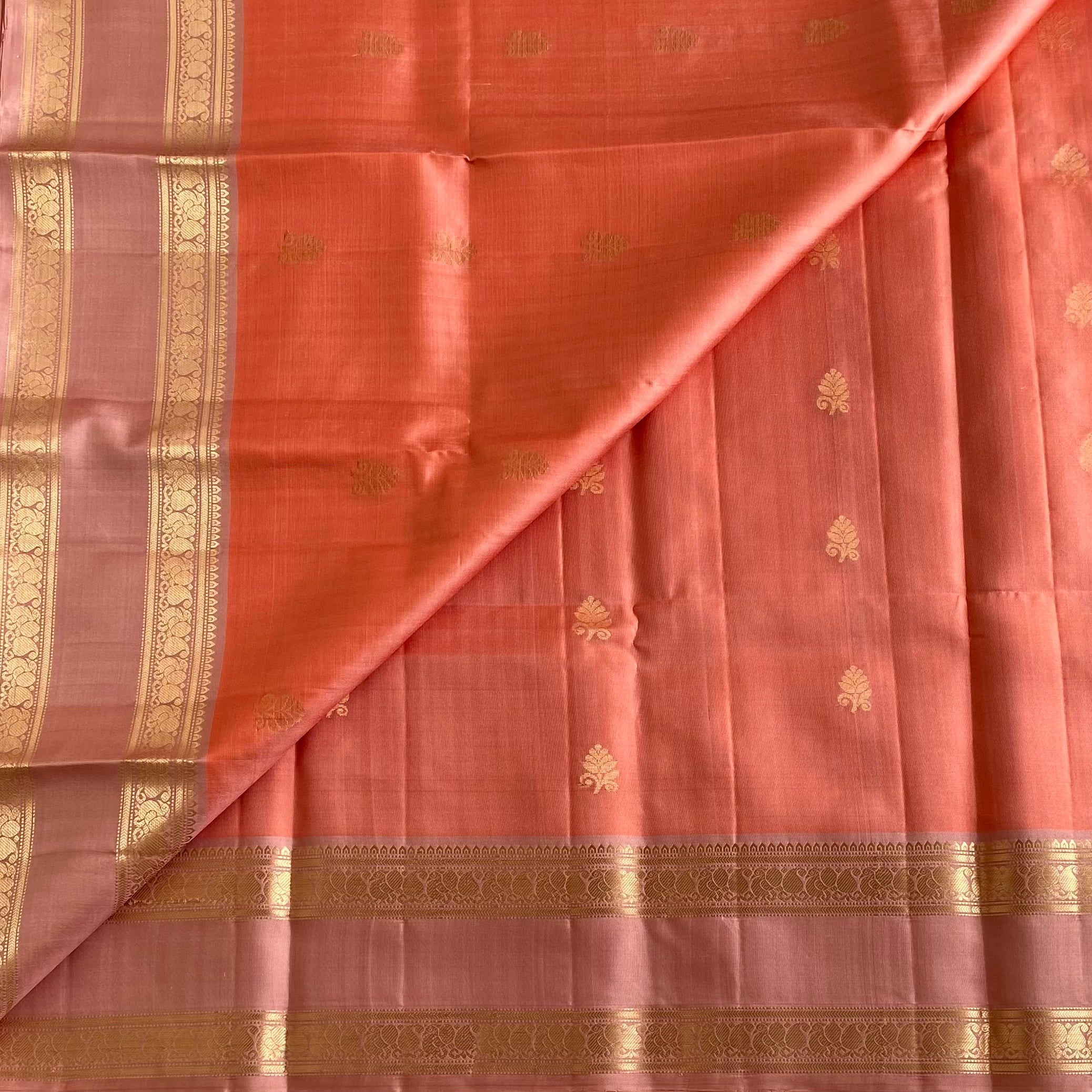 Peach Coral Designer Pure Silk With Dusty Rose Retta Petta Borders