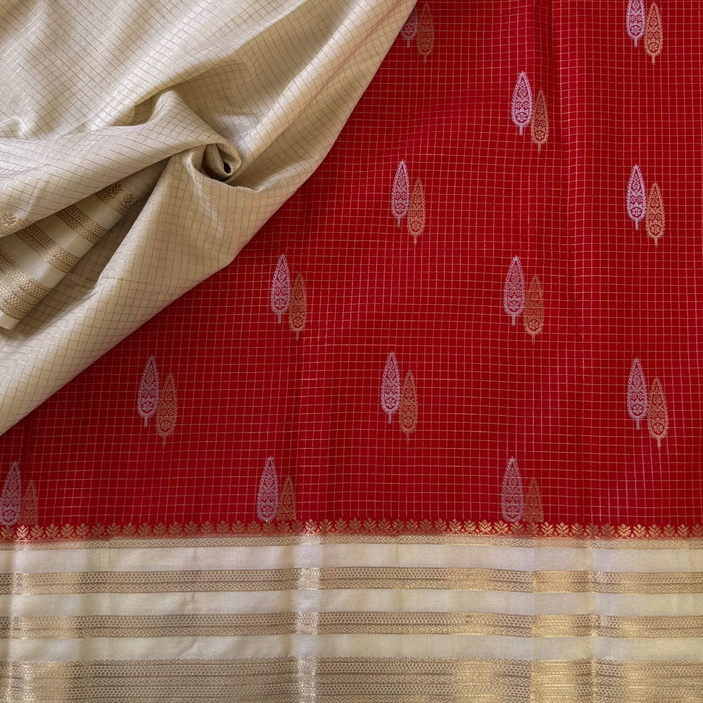 Scarlet Red Saree with Ivory Gold Brocade Border and Paisley