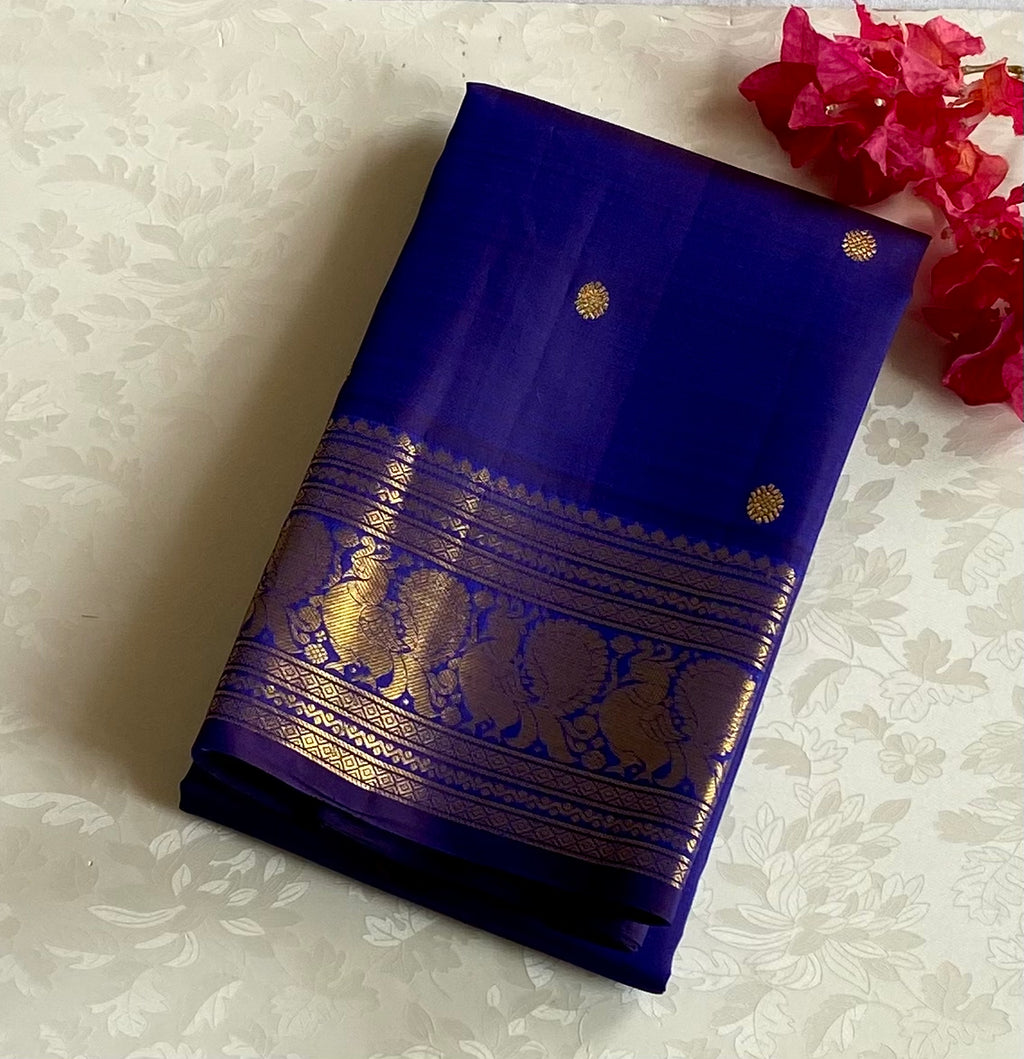 Royal Blue Kanjivaram Silk Saree Gold Zari Elephant Paisley Border