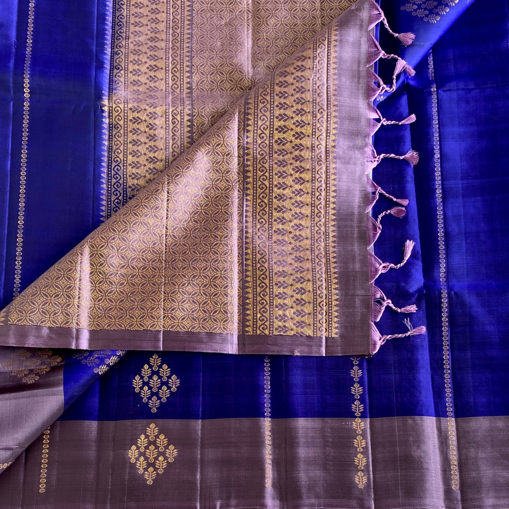Deep Royal Blue Designer Pure Silk Saree With Mauve Grey Pallu