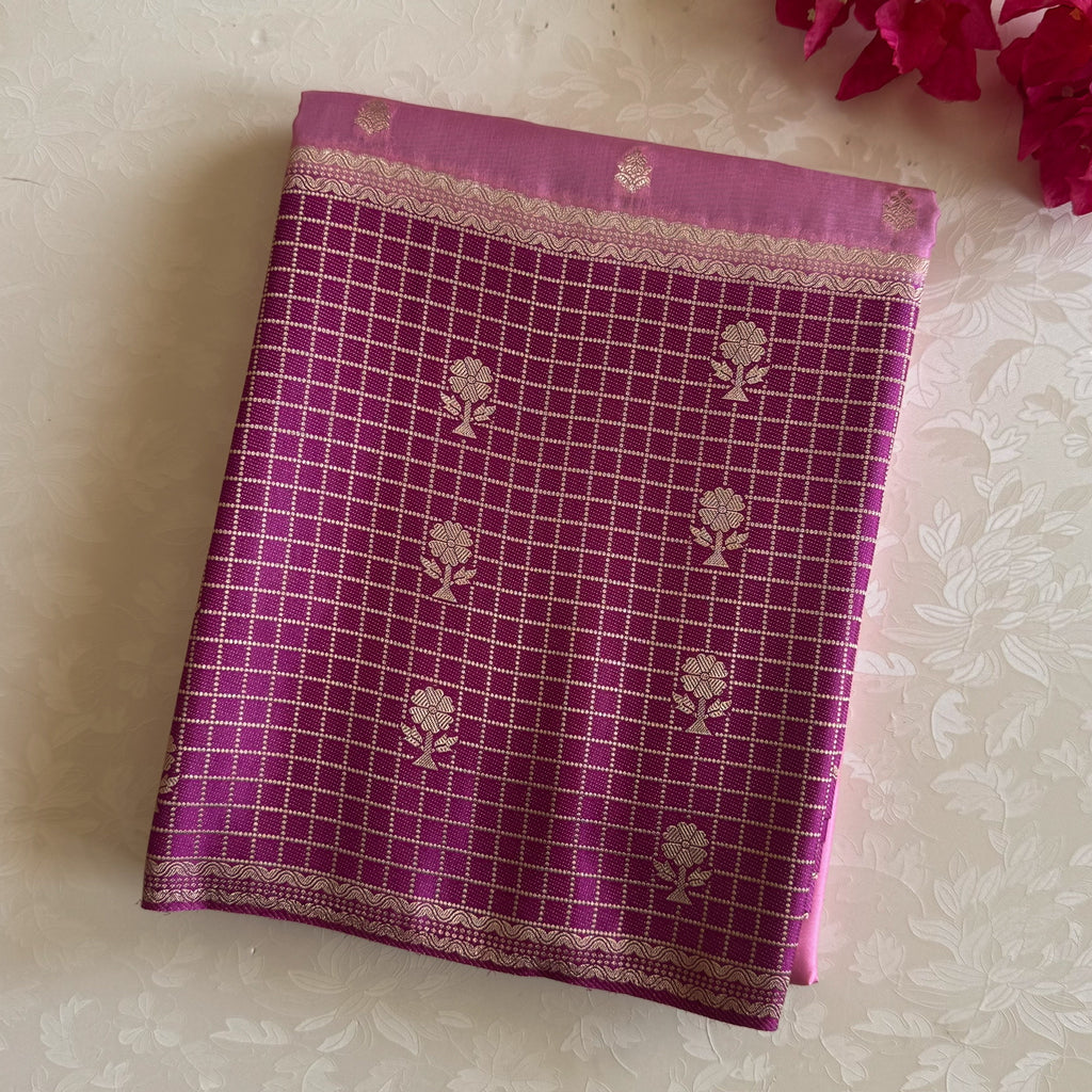 Rose Pink Silk Saree Magenta Pallu Gold Zari Checked Border