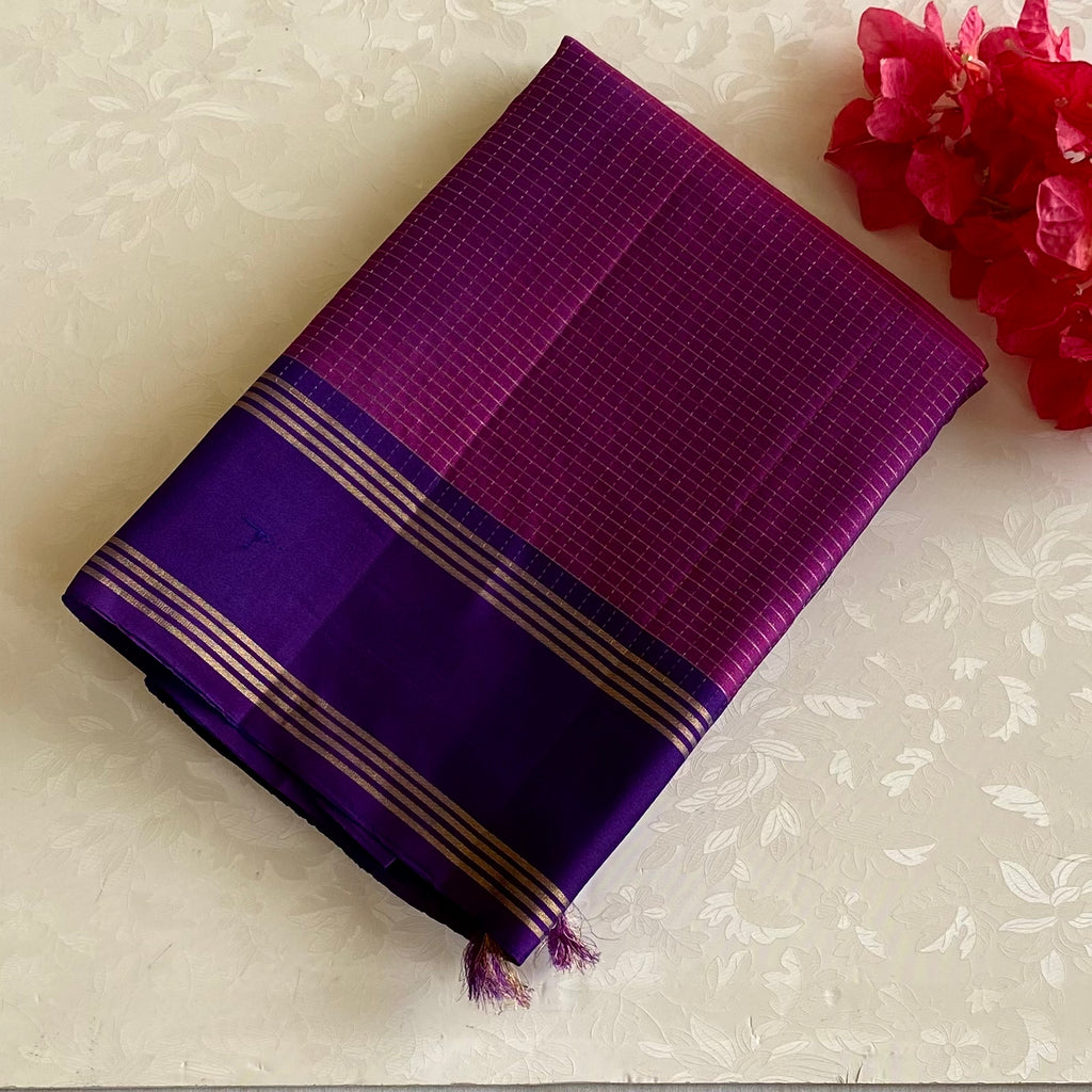 Dual Shaded Magenta Checkered Pure Silk With Purple Pallu Striped Border