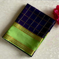 Midnight Navy Checkered Mysore Crepe Silk Saree With Lime Green Border