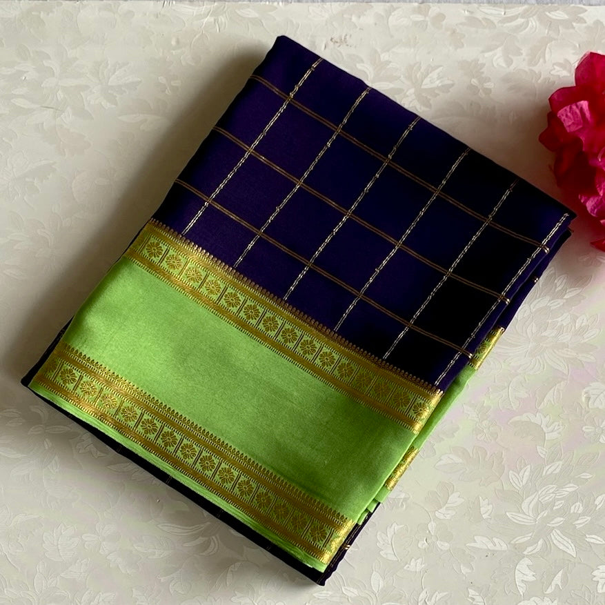 Midnight Navy Checkered Mysore Crepe Silk Saree With Lime Green Border
