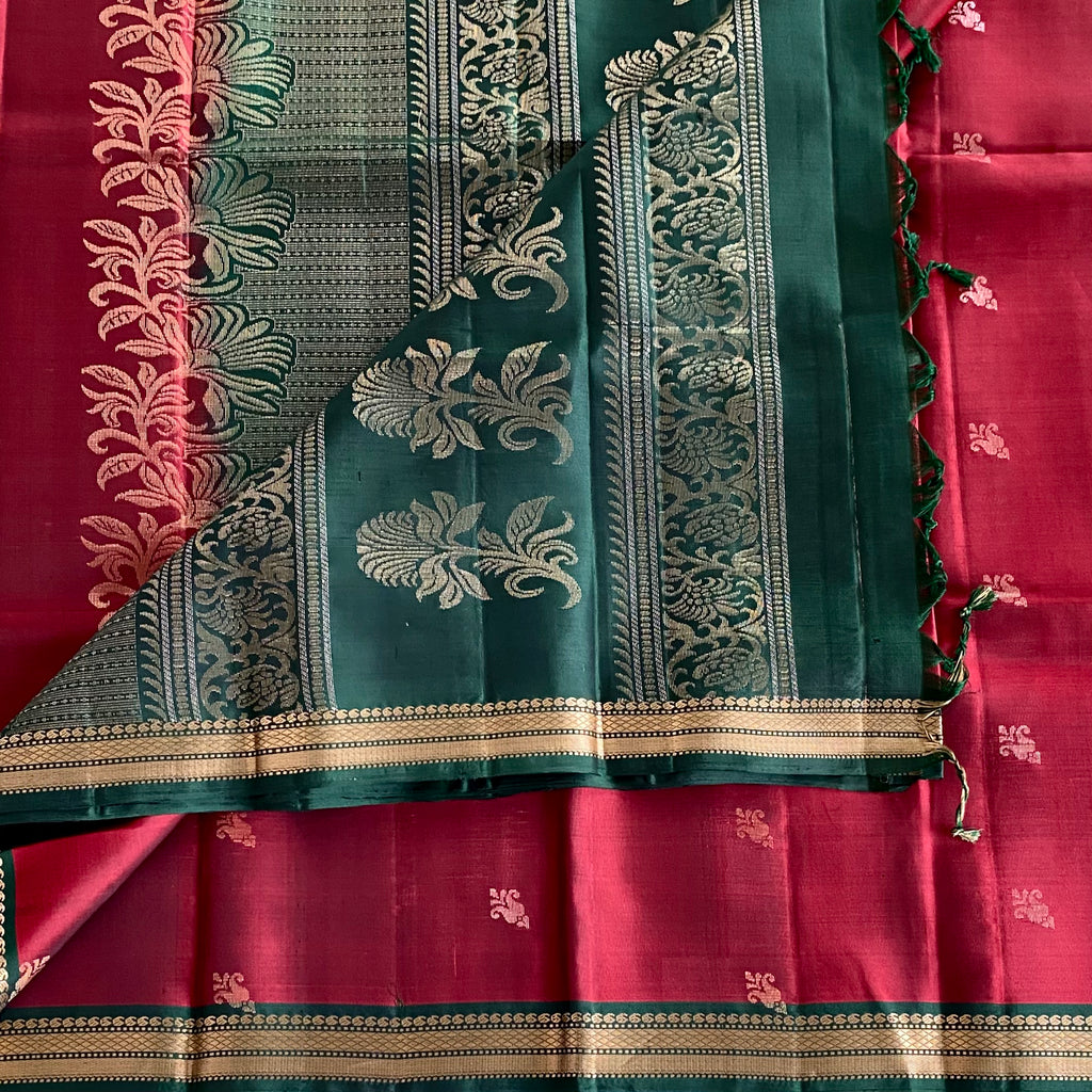 Deep Maroon Designer Pure Silk Saree Bottle Green Pallu Gold Zari