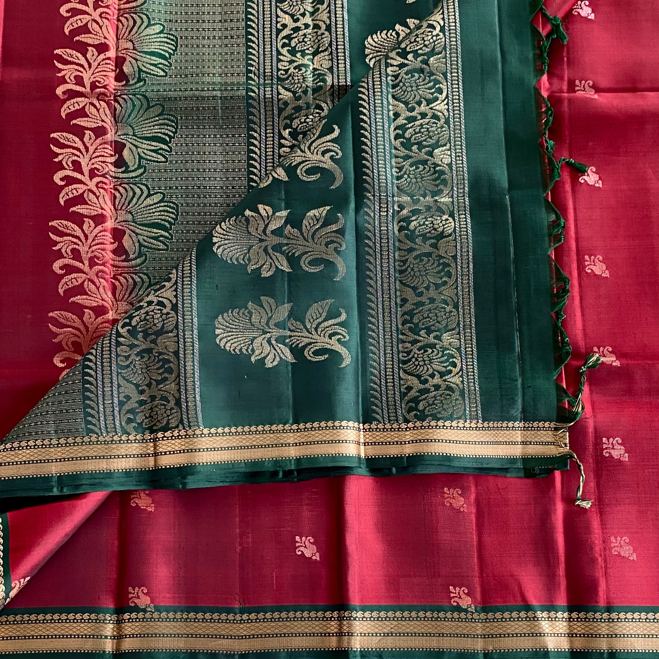 Deep Maroon Designer Pure Silk Saree Bottle Green Pallu Gold Zari