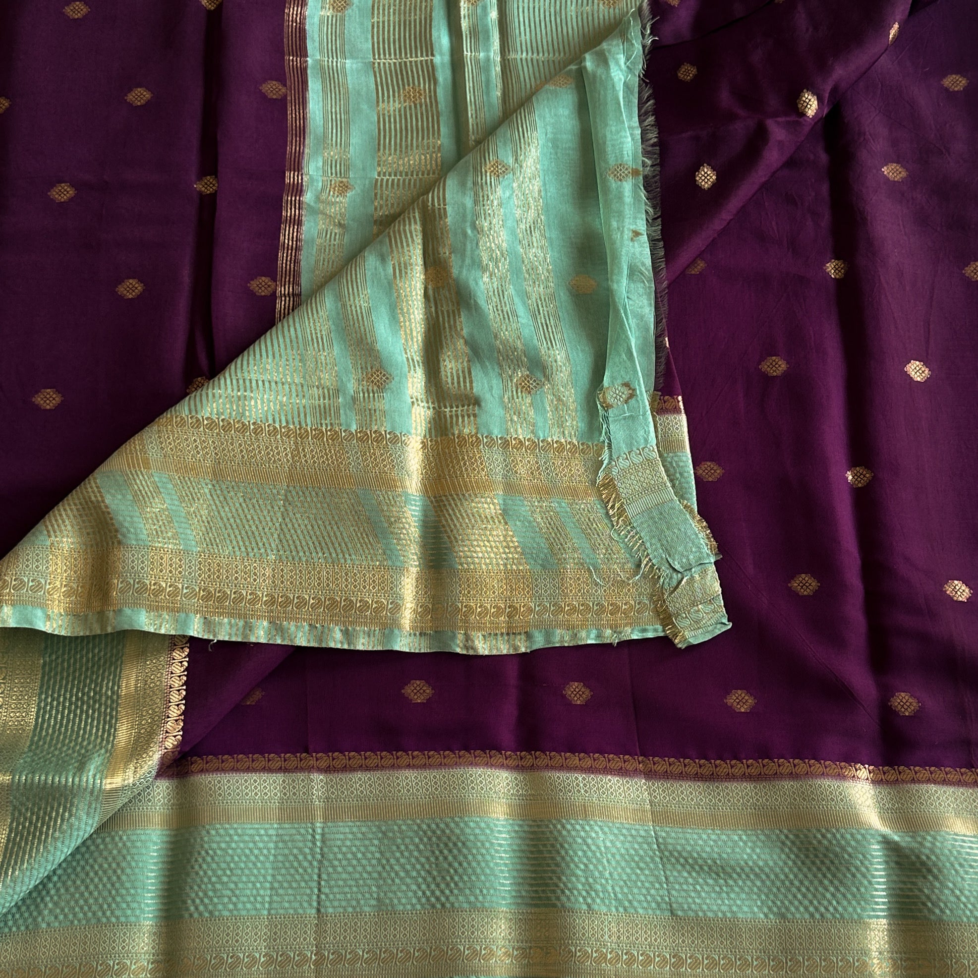 Plum Purple Silk Saree Seafoam Green Zari Buta Traditional Wedding