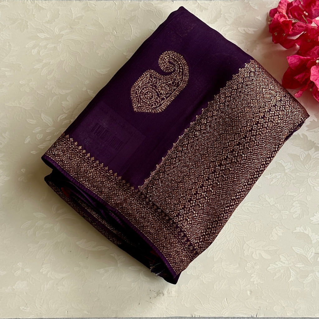Plum Purple Soft Jute Tussar with Antique Gold Brocade Work