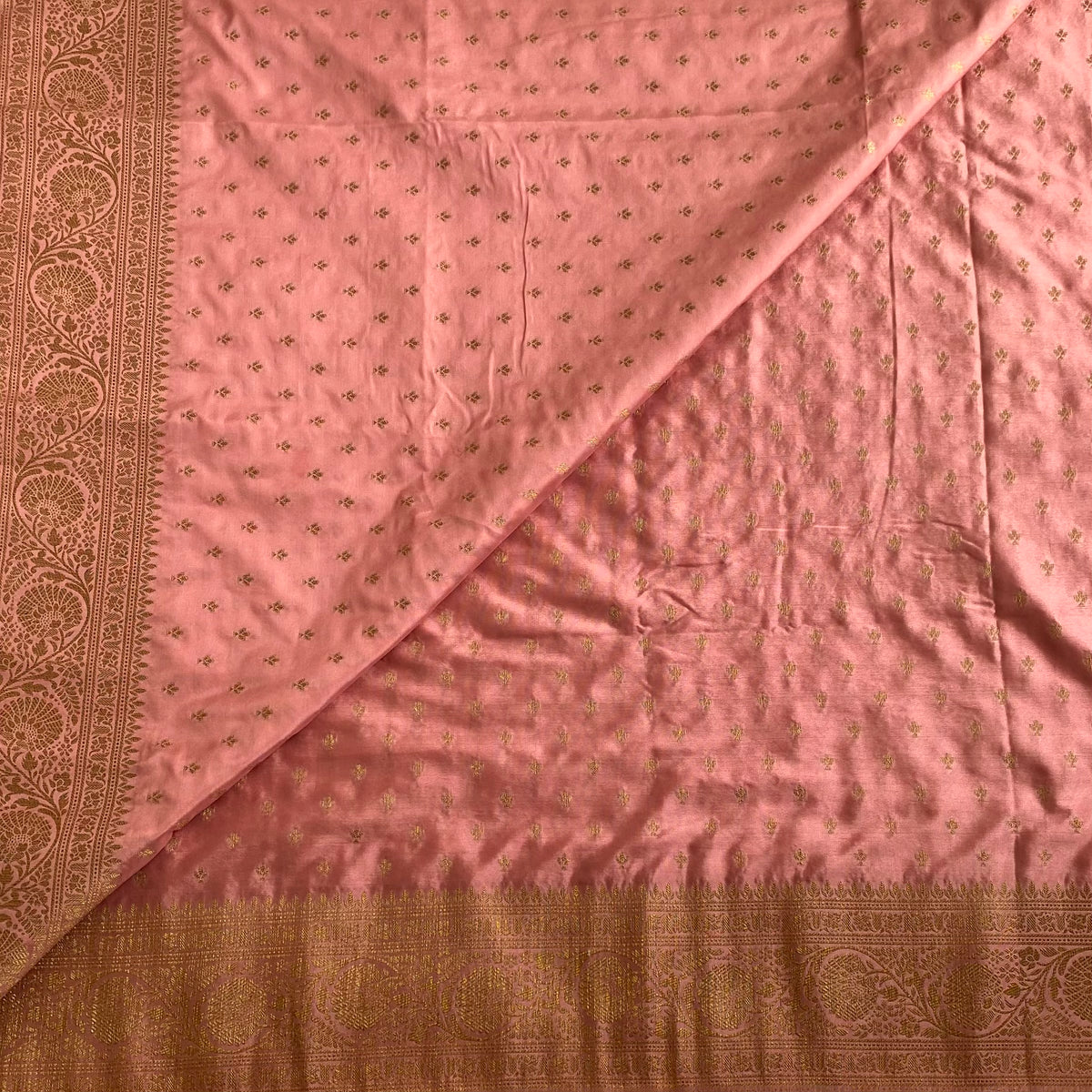 Bronze Copper Soft Satin Crepe  Saree With Antique Gold Pallu