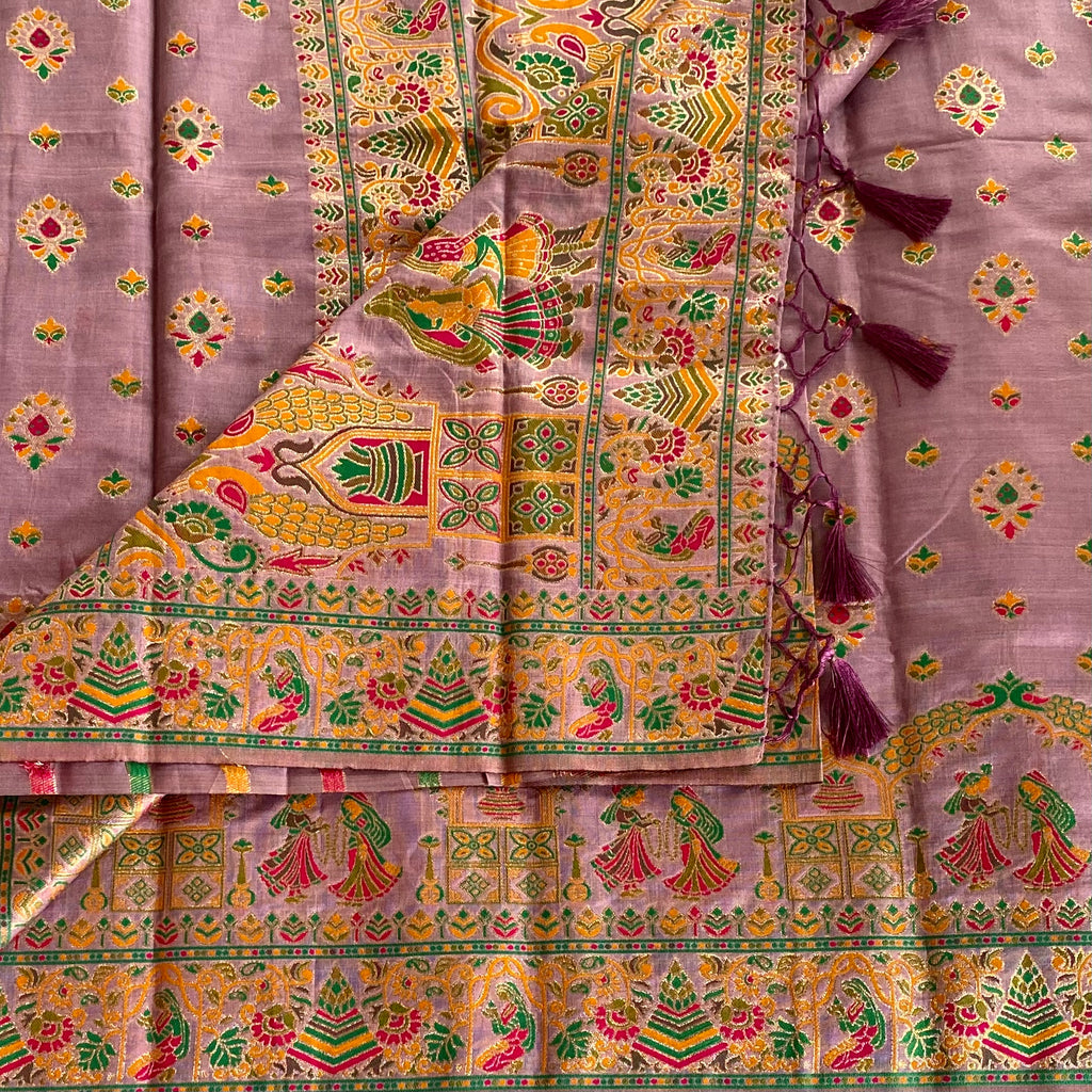Elegant Dusty Mauve Brocade Saree with Gold Zari Tassels Traditional