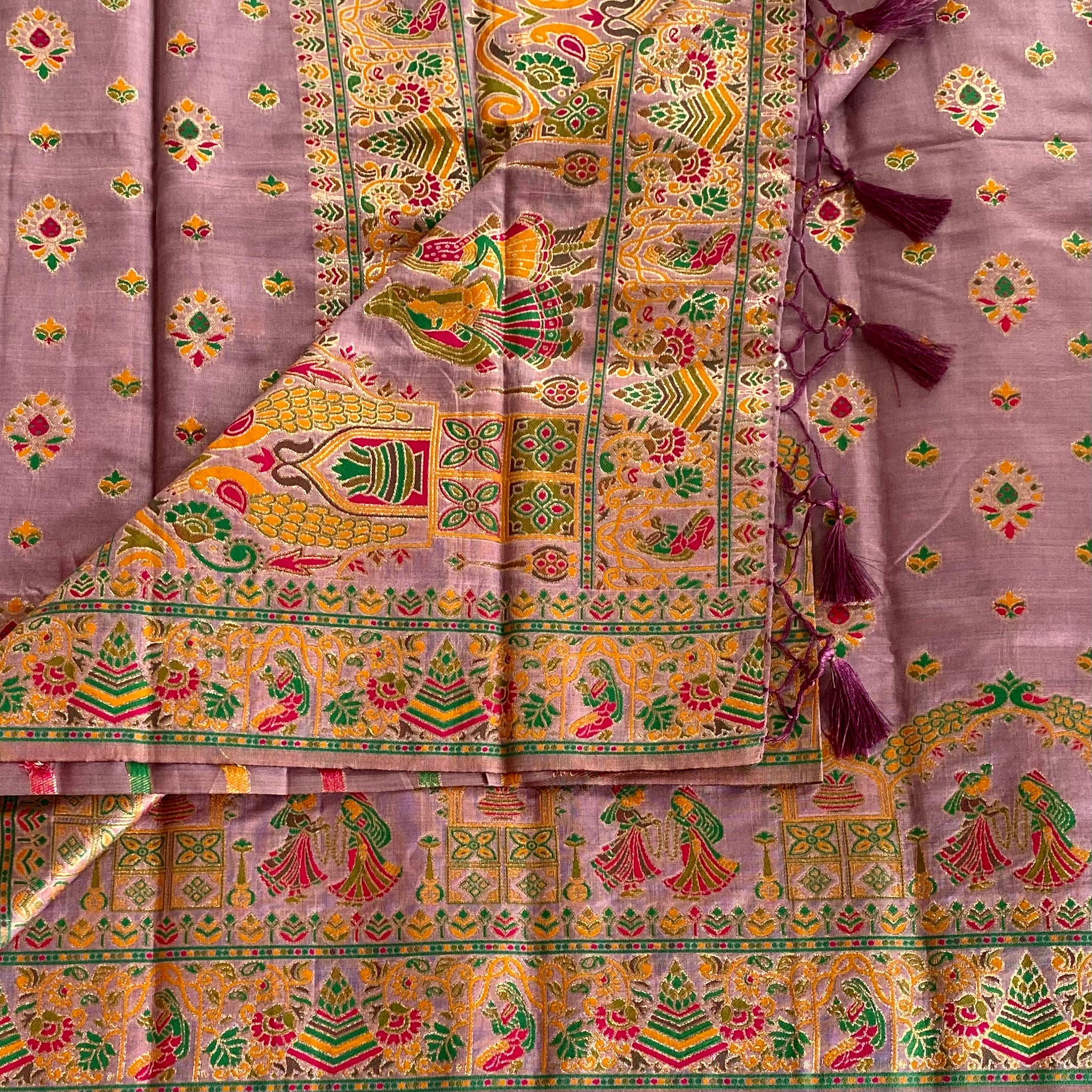 Elegant Dusty Mauve Brocade Saree with Gold Zari Tassels Traditional