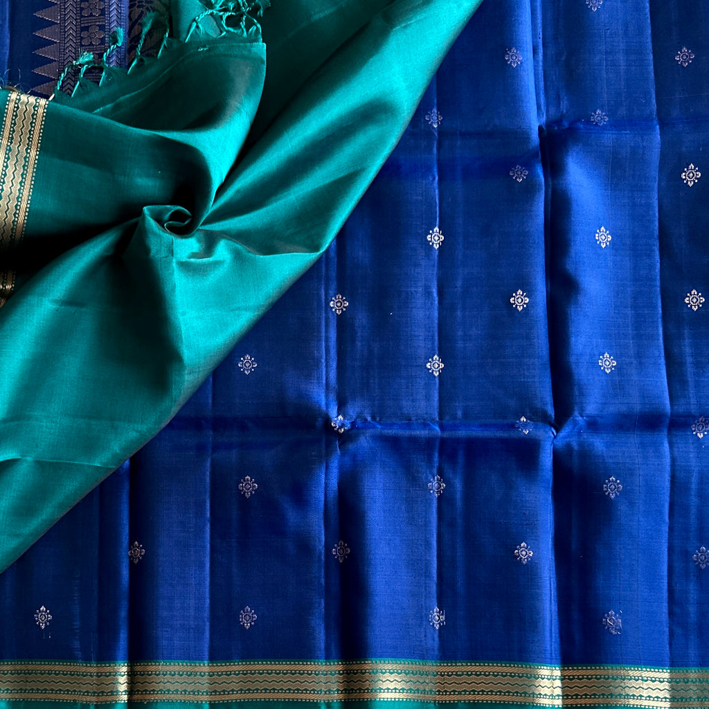 Royal blue stunner with turquoise blue handwoven pure silk beauty