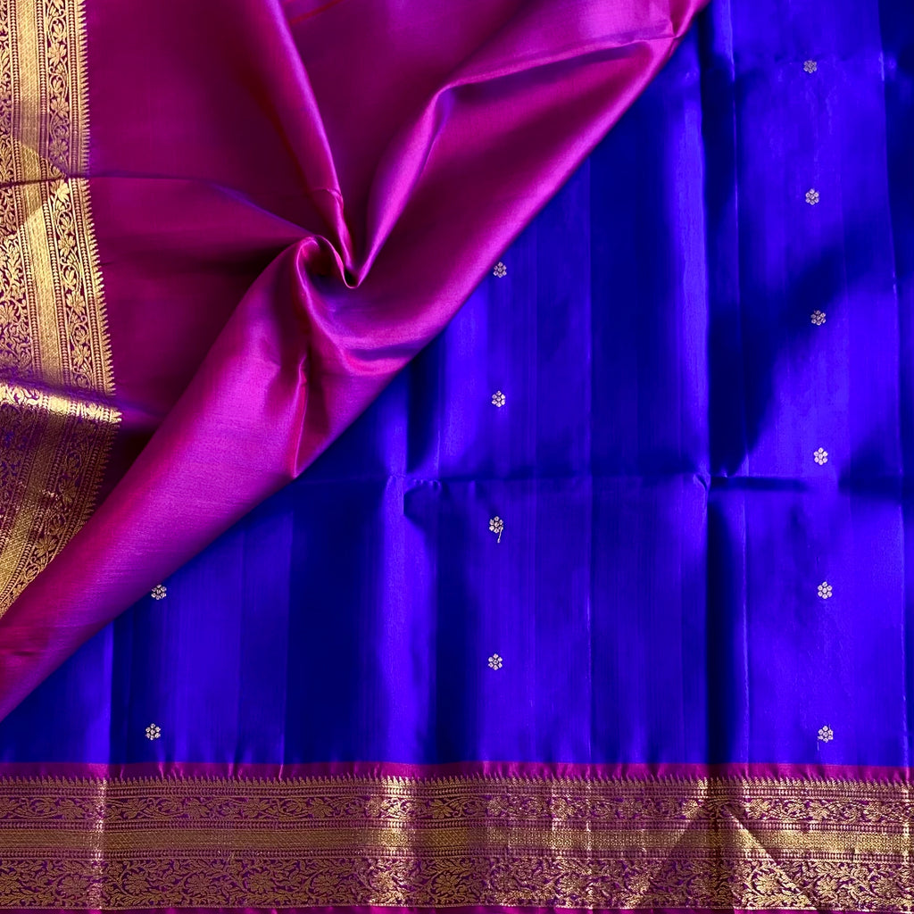 Vibrant Blue Designer Pure Silk Saree With Magenta Pink Pallu