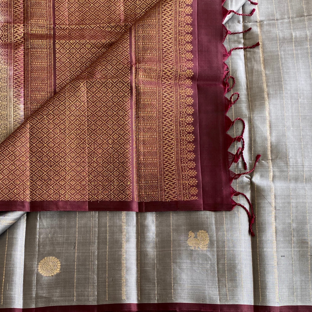 Silver Grey Designer Pure Silk Saree With Wine Maroon Pallu And Zari