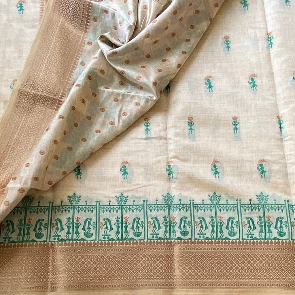 Elegant Ivory Teal Handloom Saree with Bronze Border Tassel Pallu