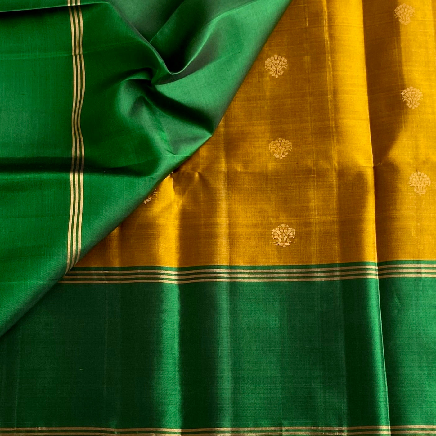 Mustard Gold Designer Pure Silk with Classic Emerald Green Contrast