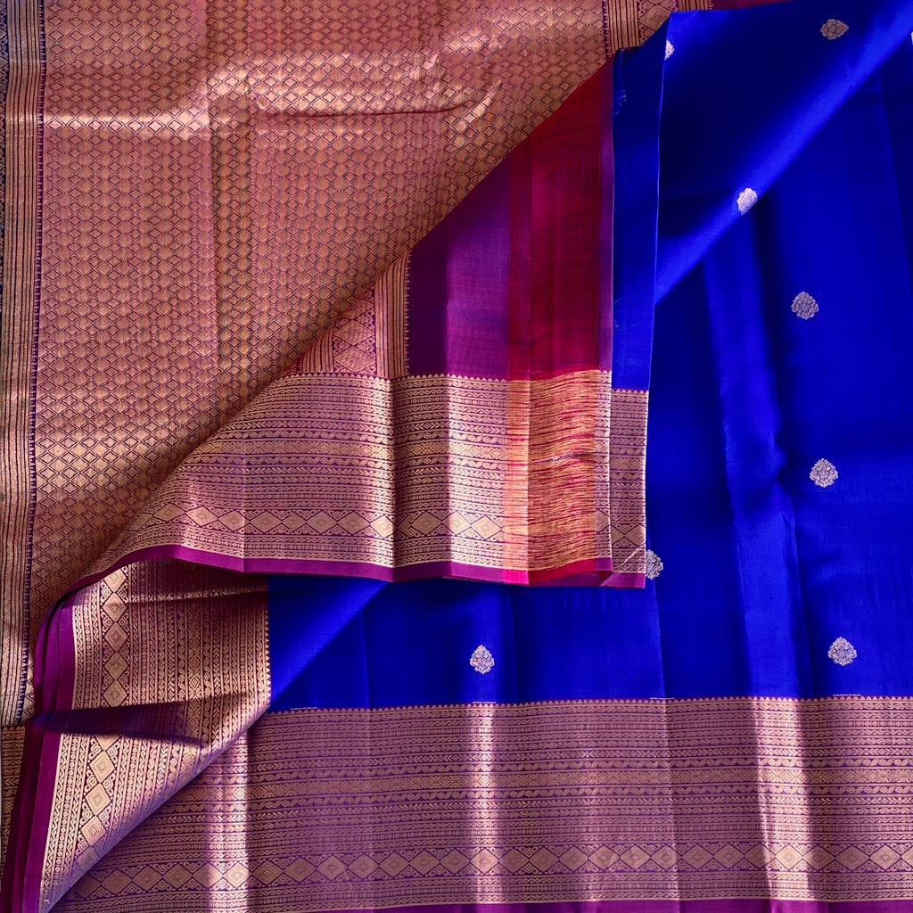 Royal Blue Designer Pure Silk Saree With Magenta Pallu Gold Zari Border