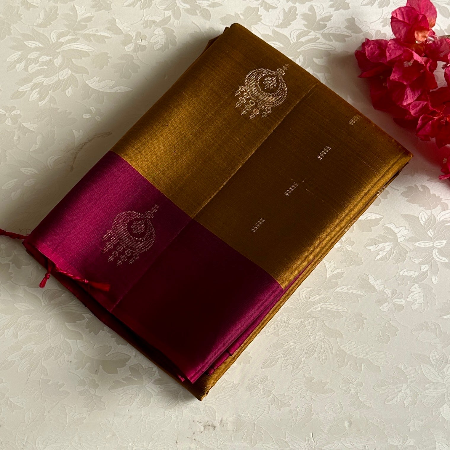 Rani Pink Designer Pure Silk Saree With Temple Gold Border