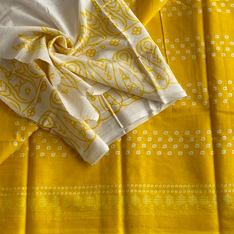 Sunflower Yellow Everyday Luxury With Pure White Bandhani Squares And Gold Zari