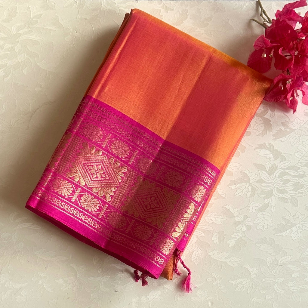 Traditional Sunset orange with rani pink handwoven pure silk saree with zari woven buttas