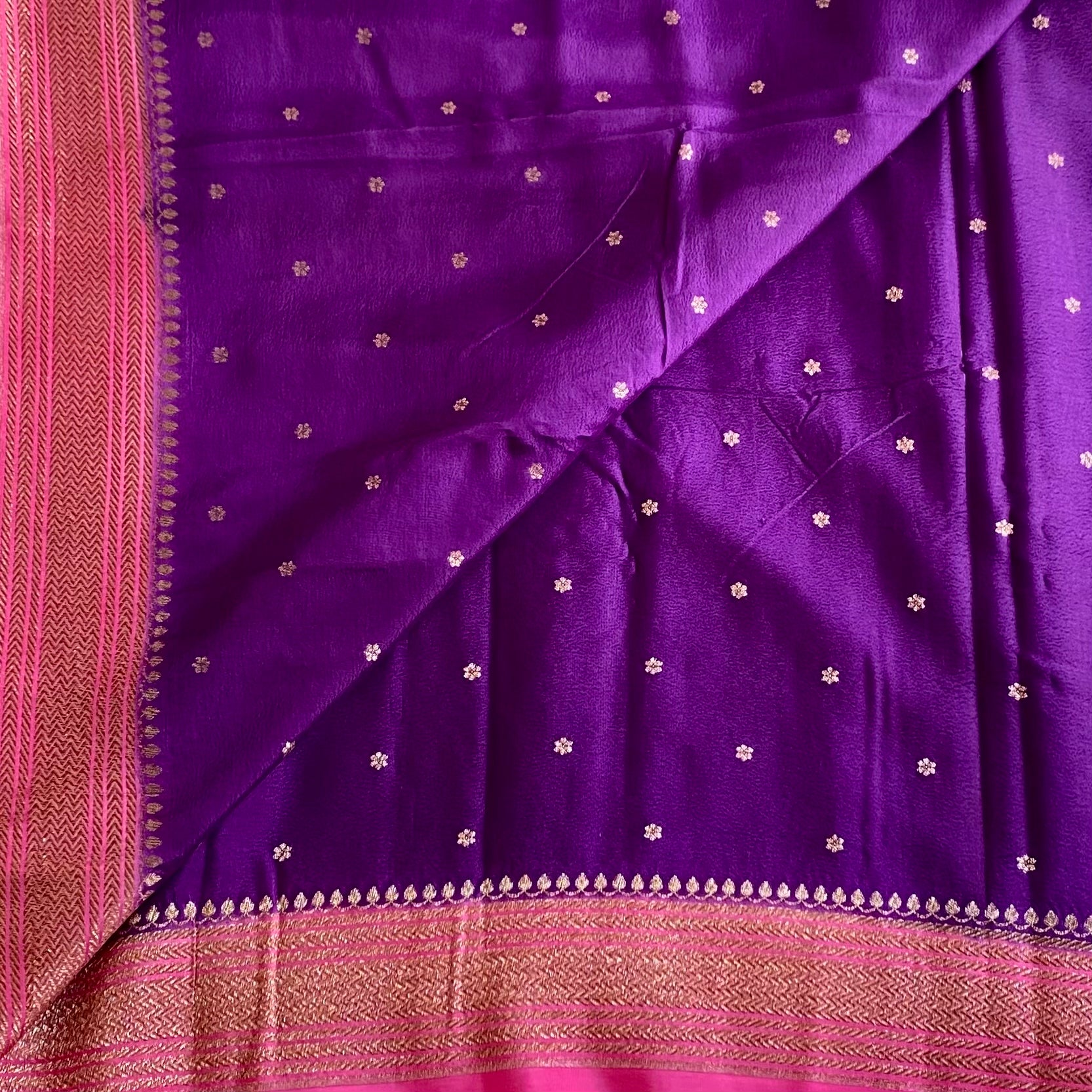 Royal Purple Banarasi Crepe Silk Saree With Rani Pink Pallu