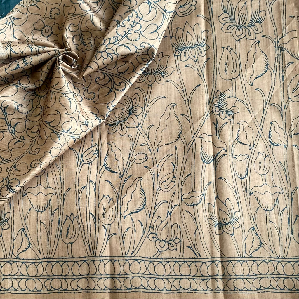 Natural Beige Soft Tussar Silk Saree With Teal Blue Pallu