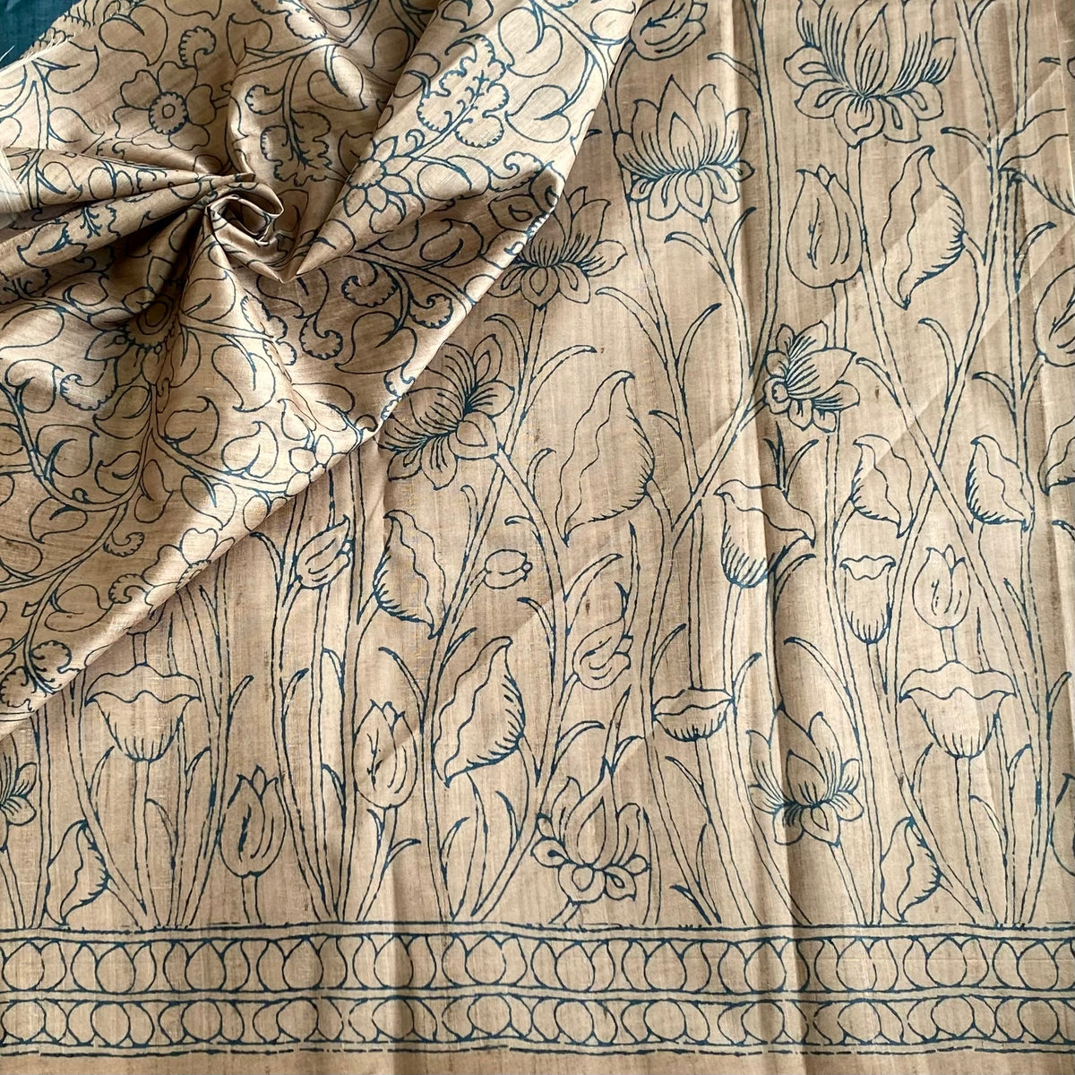 Natural Beige Soft Tussar Silk Saree With Teal Blue Pallu