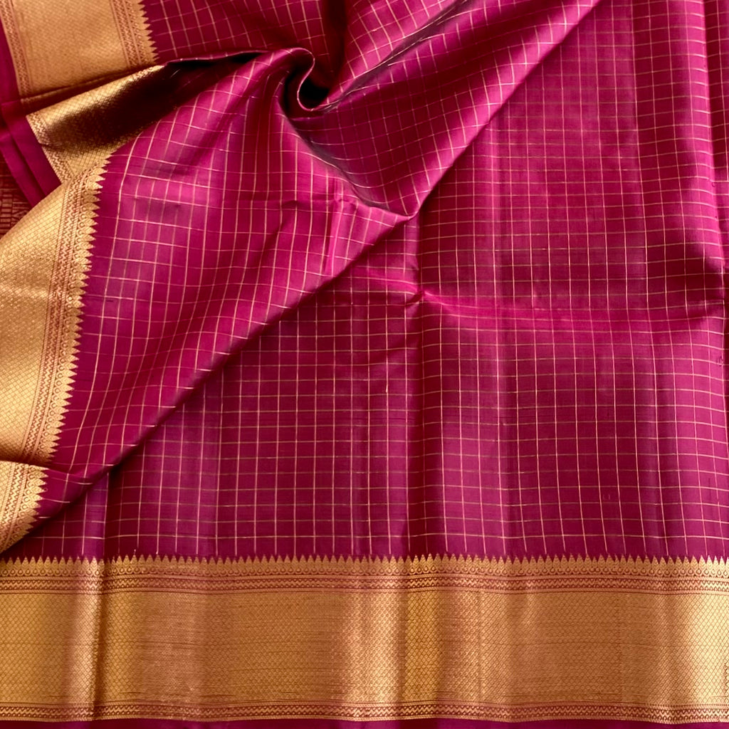 Rich Magenta Pink Designer Pure Silk Micro Checkered With Zari Gold Border