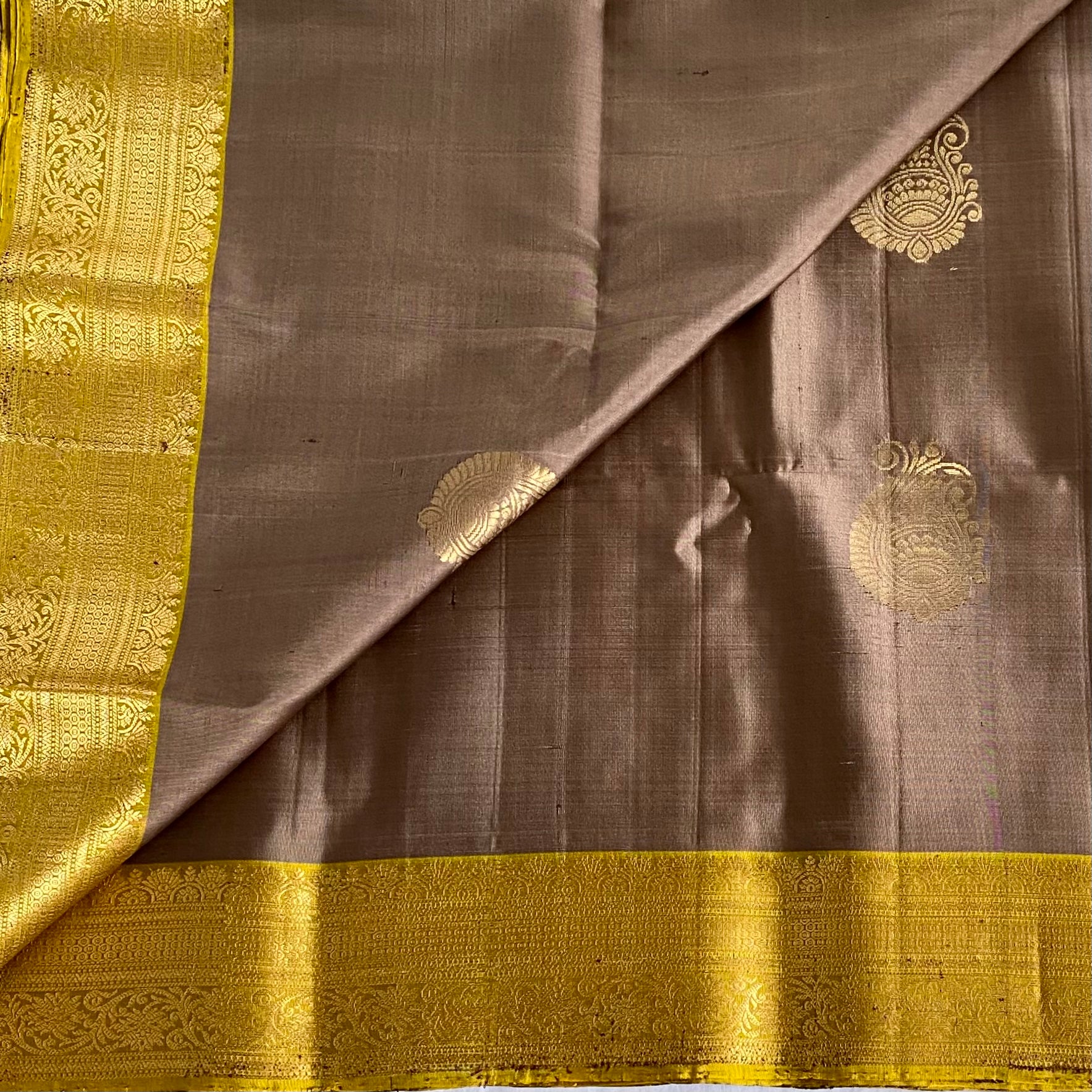 Greyish Beige Designer Pure Silk Saree With Mustard Yellow Pallu