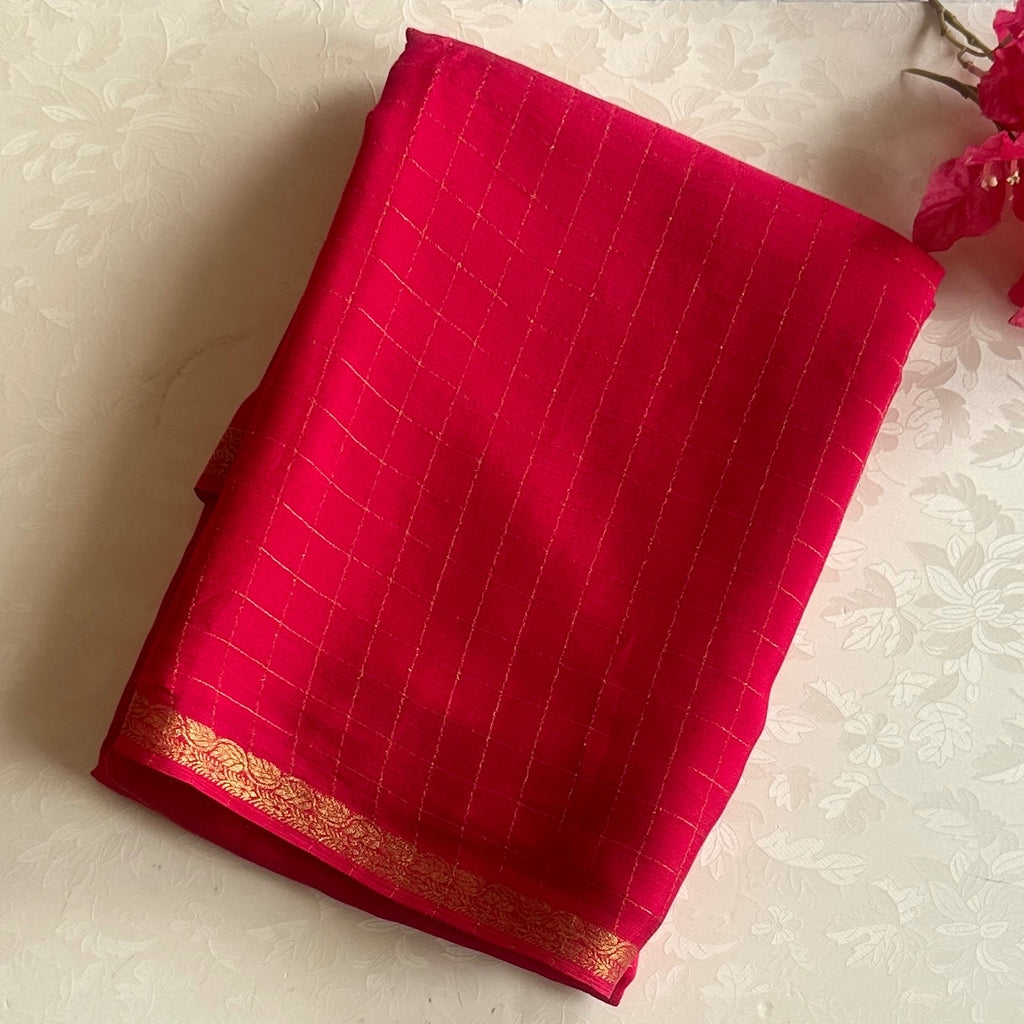 Cherry Pinkish Red Softest Georgette crepe checkered beauty