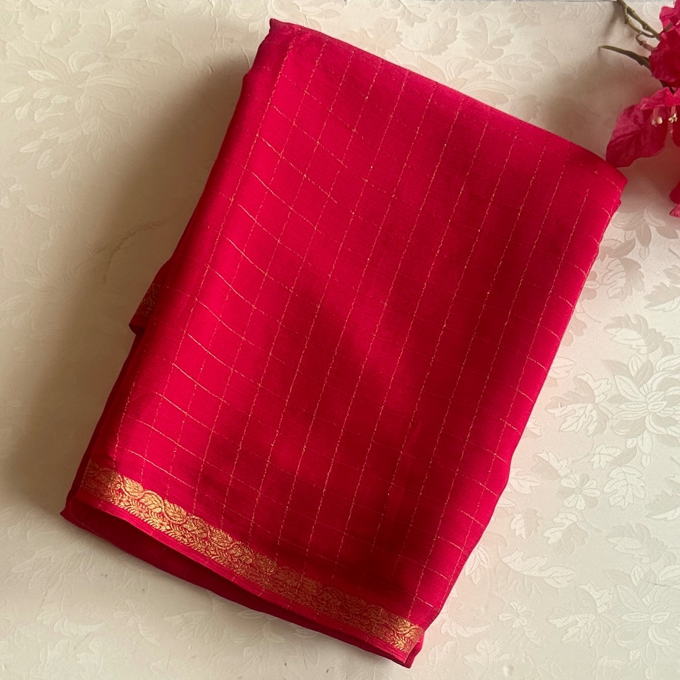 Cherry Pinkish Red Softest Georgette crepe checkered beauty
