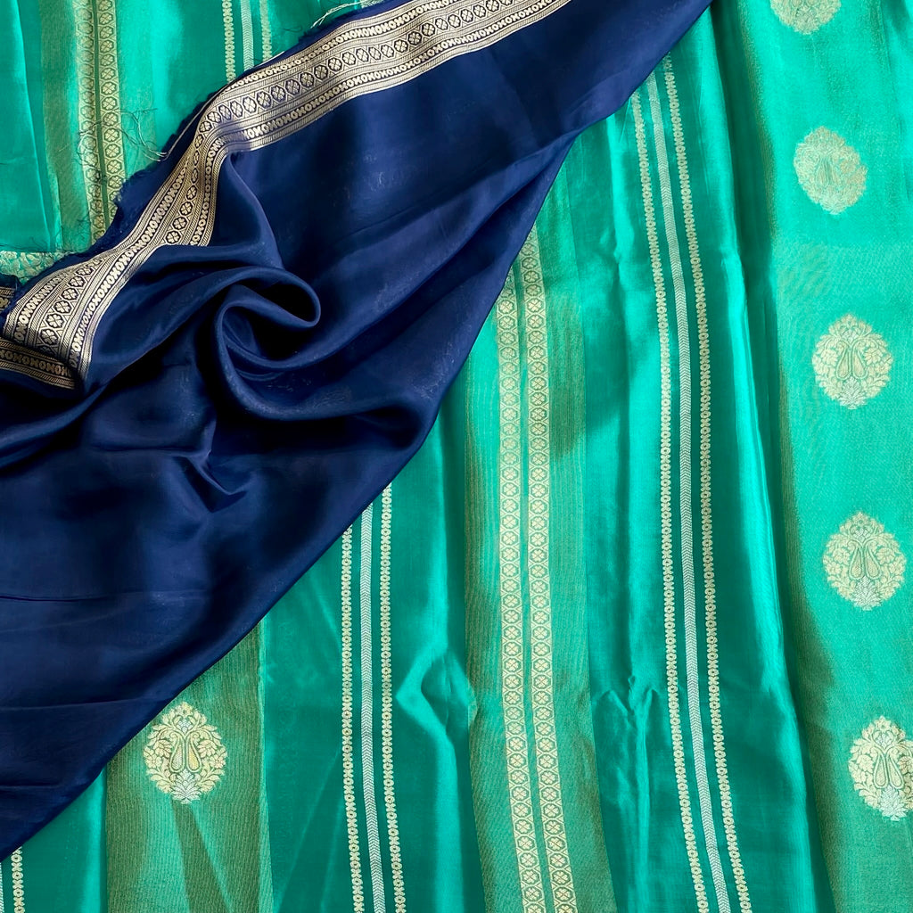Peacock Sea Green Designer Soft Crepe Saree With Antique Gold Pallu