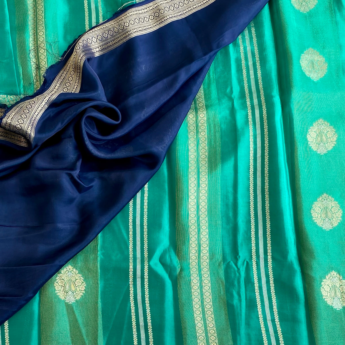 Peacock Sea Green Designer Soft Crepe Saree With Antique Gold Pallu