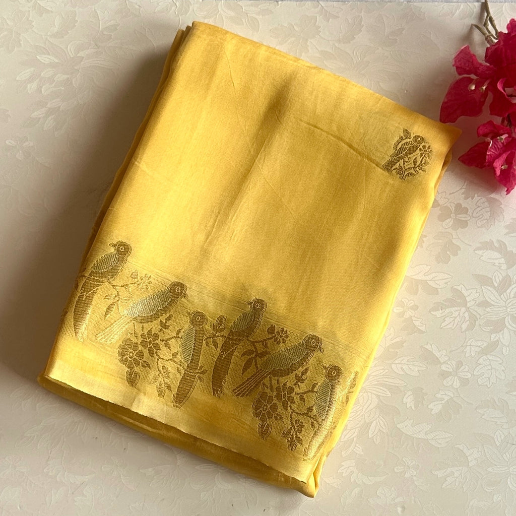 Butterscotch yellow softest tussar cotton wit quirky bird borders