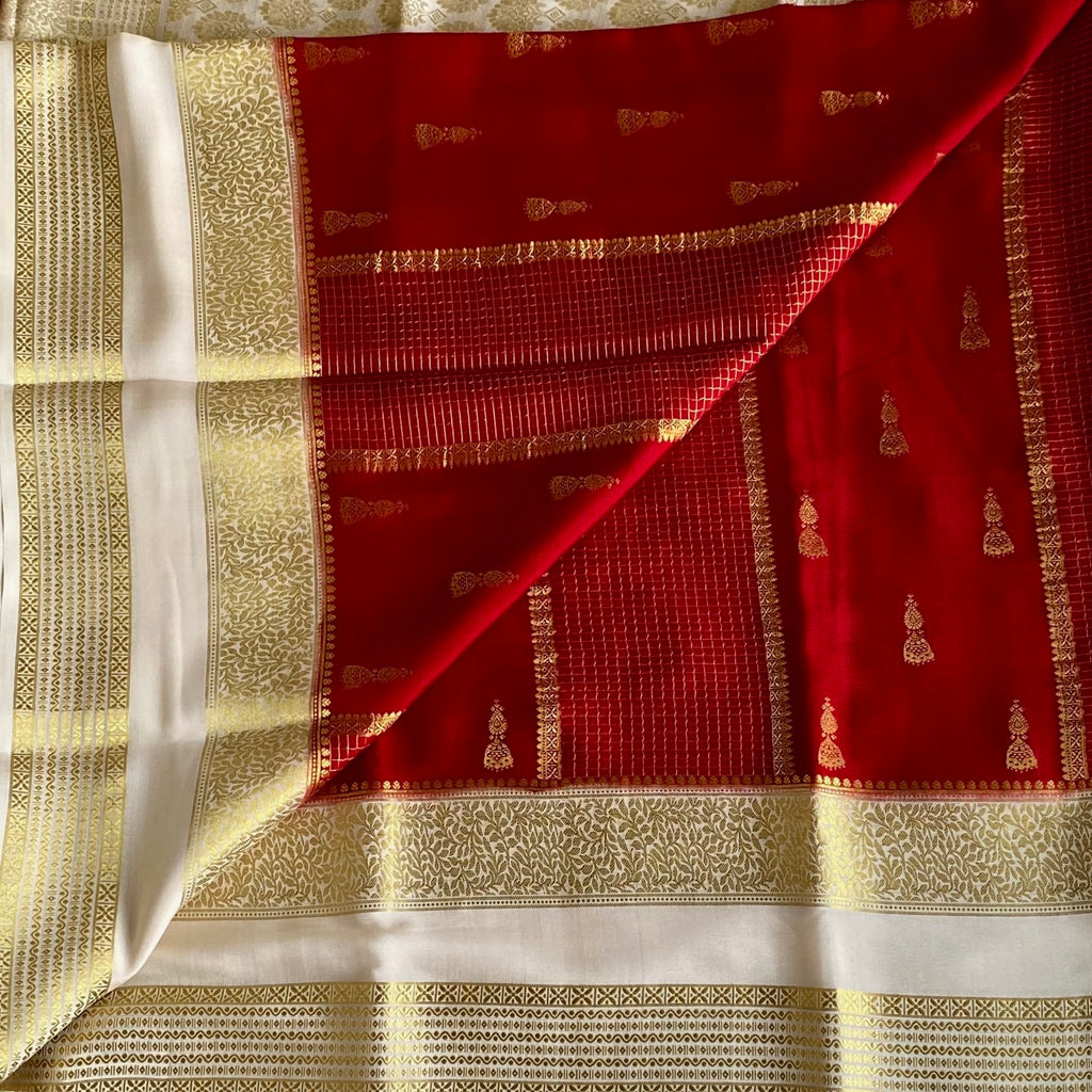 Crimson Red Mysore Crepe Silk With Ivory Double Borders & Pallu