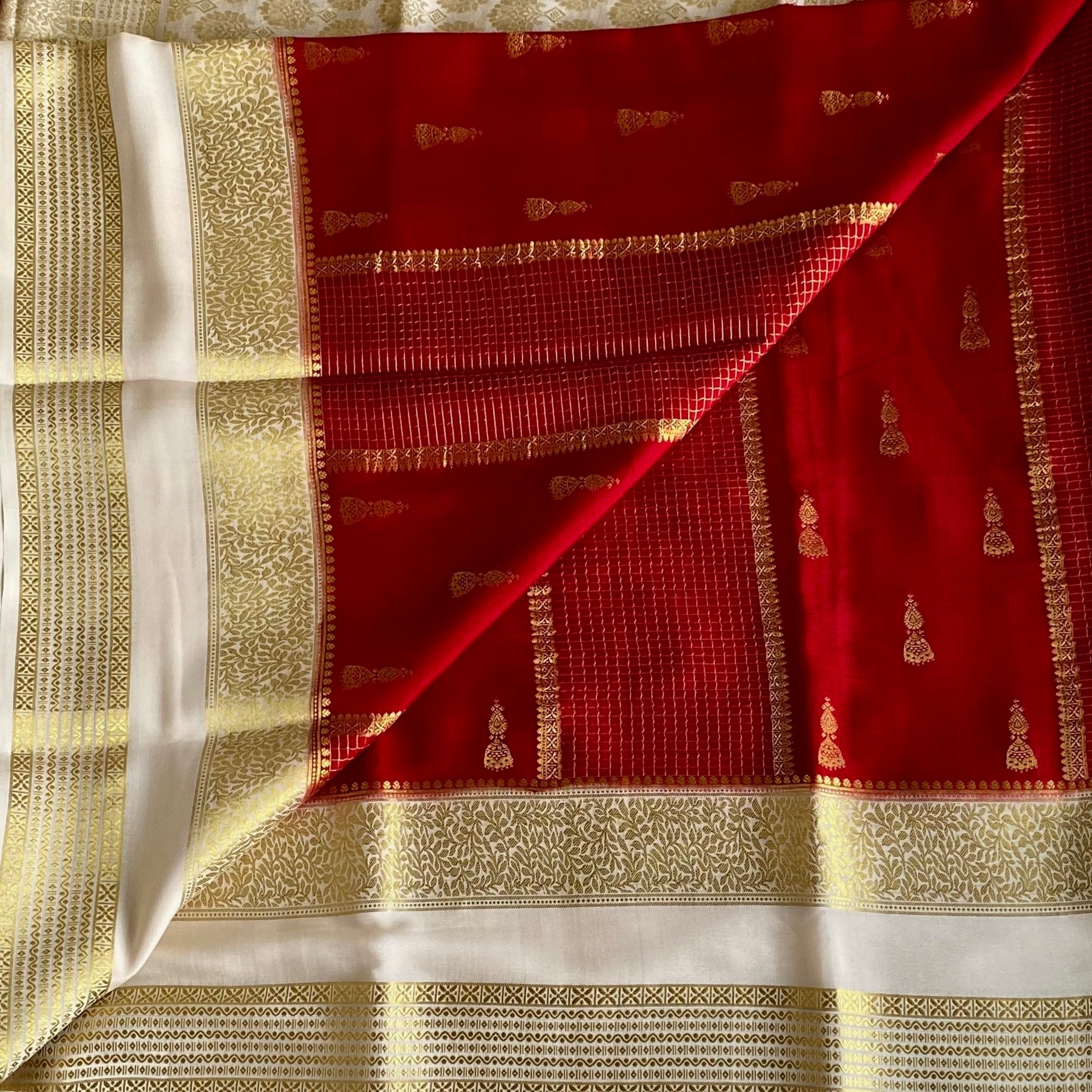 Crimson Red Mysore Crepe Silk With Ivory Double Borders & Pallu
